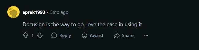 User Reviewing Docusign Positively on a Reddit Thread