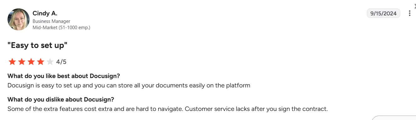 Cindy A.’s Review of Docusign on G2