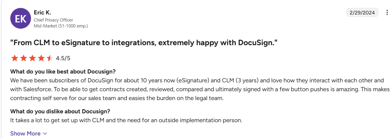 Eric K.’s Review of Docusign on G2 on Setting Up CLM