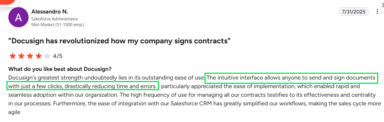 Alessandro N.’s 4-star Review of Docusign on G2