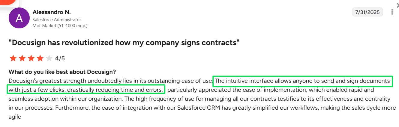 Alessandro N.’s 4-star Review of Docusign on G2
