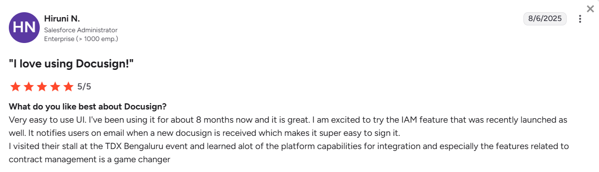 Hiruni N.’s review of Docusign on G2
