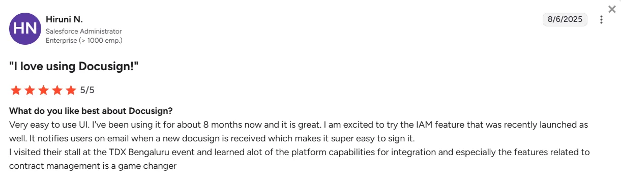 Hiruni N.’s review of Docusign on G2