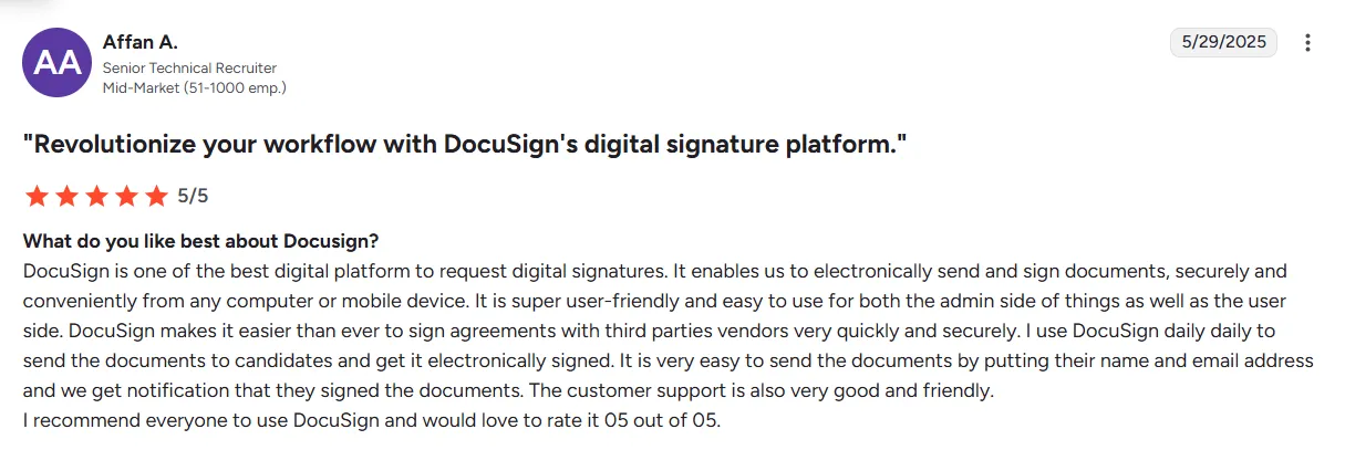 G2 Review of Docusign by Affan A. from a mid-market business