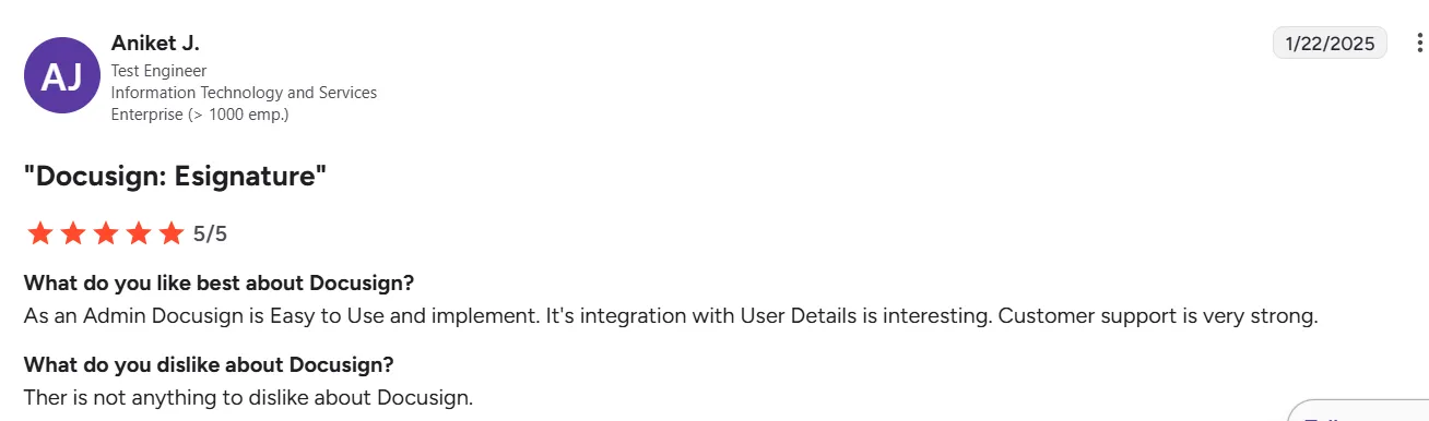 Aniket J.’s review of on G2 highlighting Docusign customer support