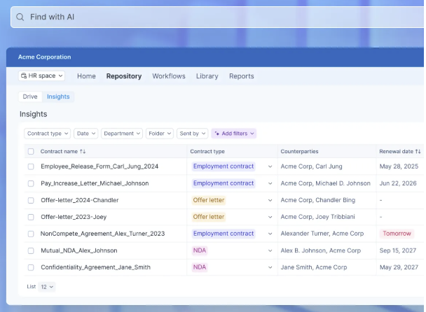 Signeasy dashboard showing contract types, parties, and renewal dates