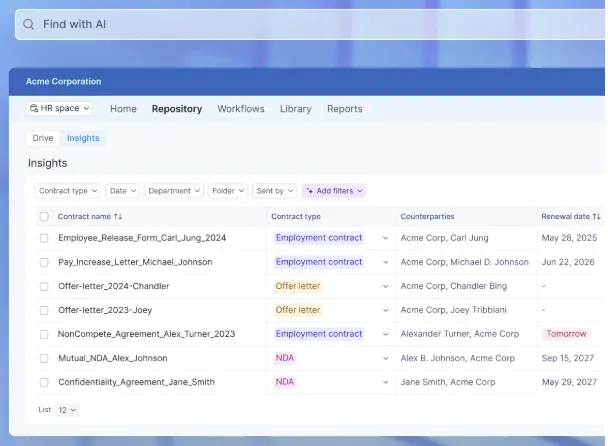 Signeasy dashboard showing contract types, parties, and renewal dates