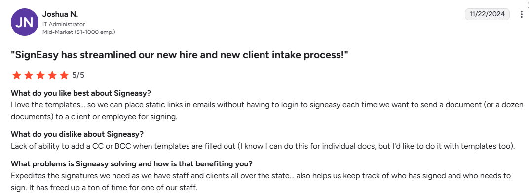 A 5-star review for Signeasy by Joshua N., praising templates