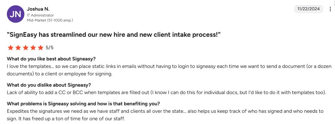 A 5-star review for Signeasy by Joshua N., praising templates