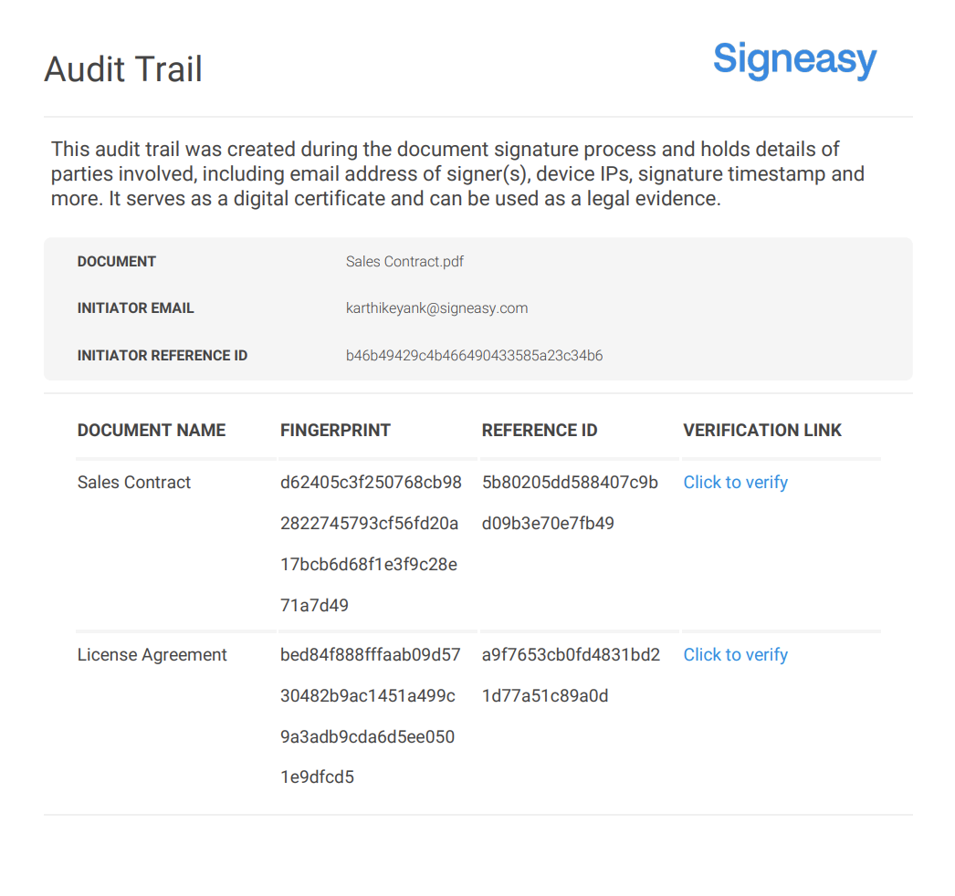 Audit trail with document, fingerprint, and reference ID details