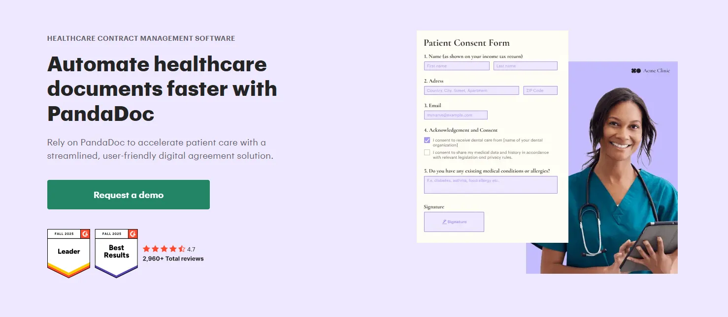 PandaDoc landing page showing a 4.7-star rating and Leader badge