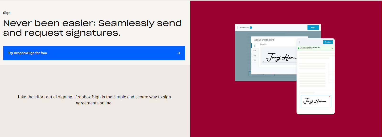 Dropbox Sign page demonstrating how to easily add a digital signature