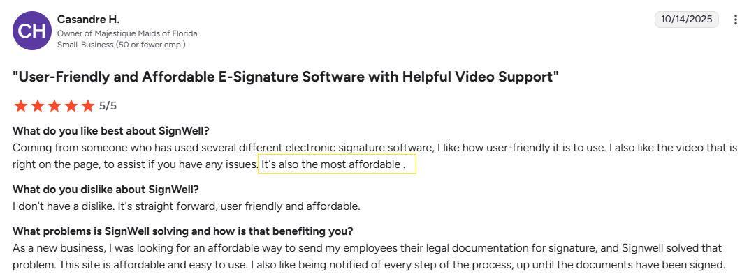 SignWell is affordable and user-friendly for small business legal docs