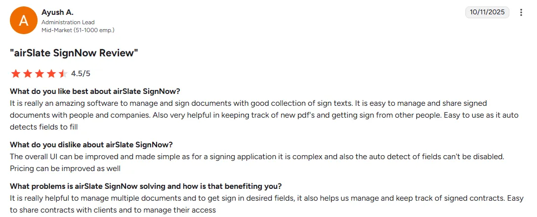 Review notes SignNow is easy to use, sharing, and field auto-detection