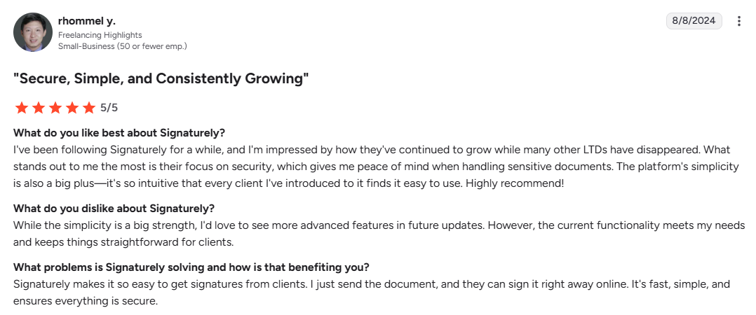Review highlights Signaturely's security and simplicity for client documents