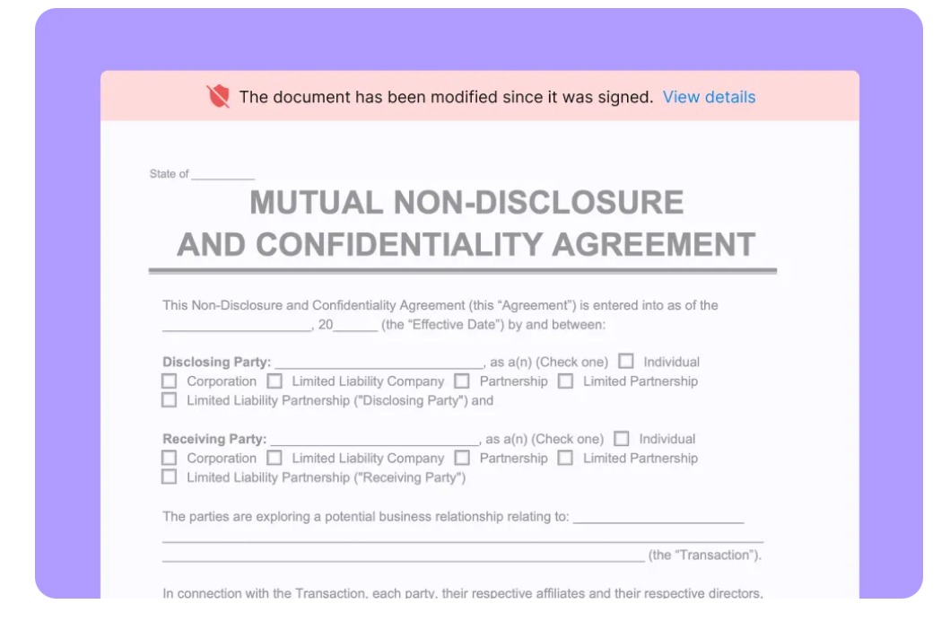  Notification banner on a signed mutual non-disclosure agreement showing document modification alert.