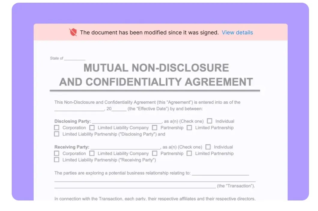 Notification banner on a signed mutual non-disclosure agreement showing document modification alert.