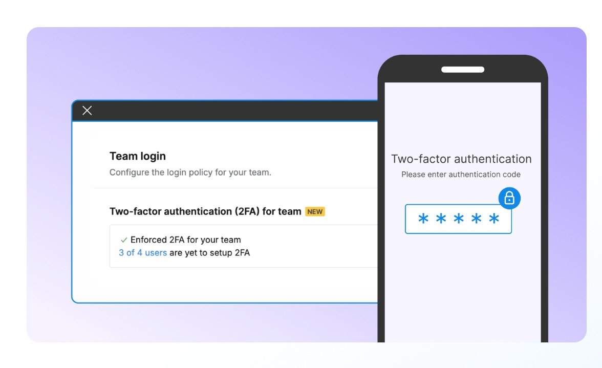 Signeasy two-factor authentication setup screen showing team login policy and authentication code entry on mobile.