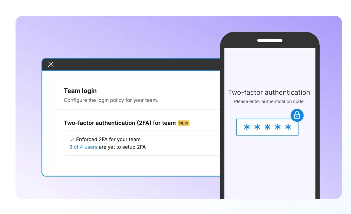 Signeasy two-factor authentication setup screen showing team login policy and authentication code entry on mobile.
