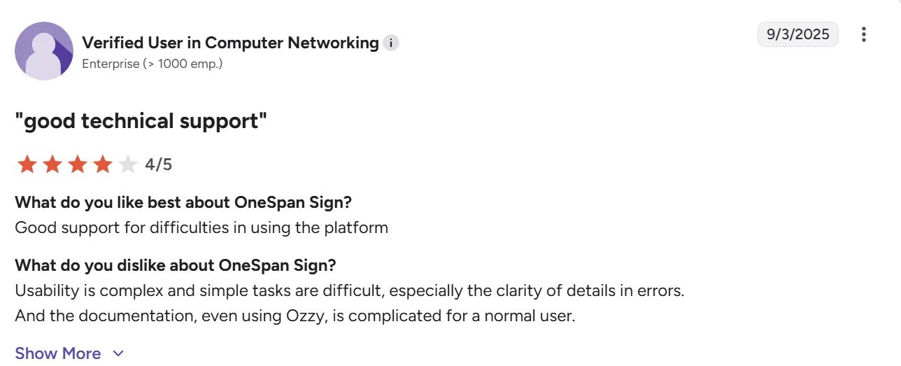 Screenshot of a G2 review citing strong support and difficult interface