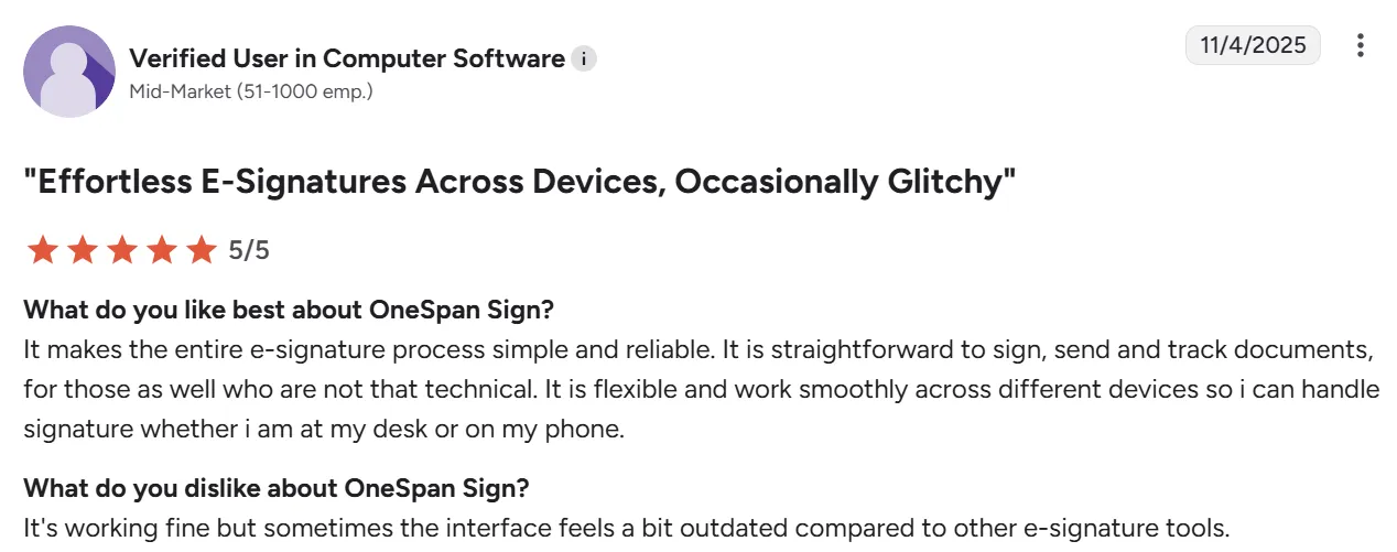 Screenshot of a G2 review highlighting simple e-signing and minor interface issues