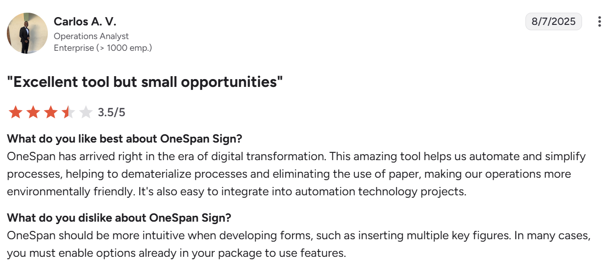 Screenshot of a G2 review praising automation but citing limited form intuitiveness