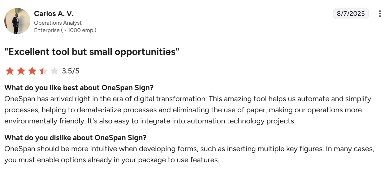 Screenshot of a G2 review praising automation but citing limited form intuitiveness