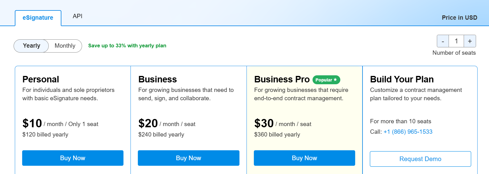 Signeasy pricing page displaying monthly and annual subscription options across multiple plans