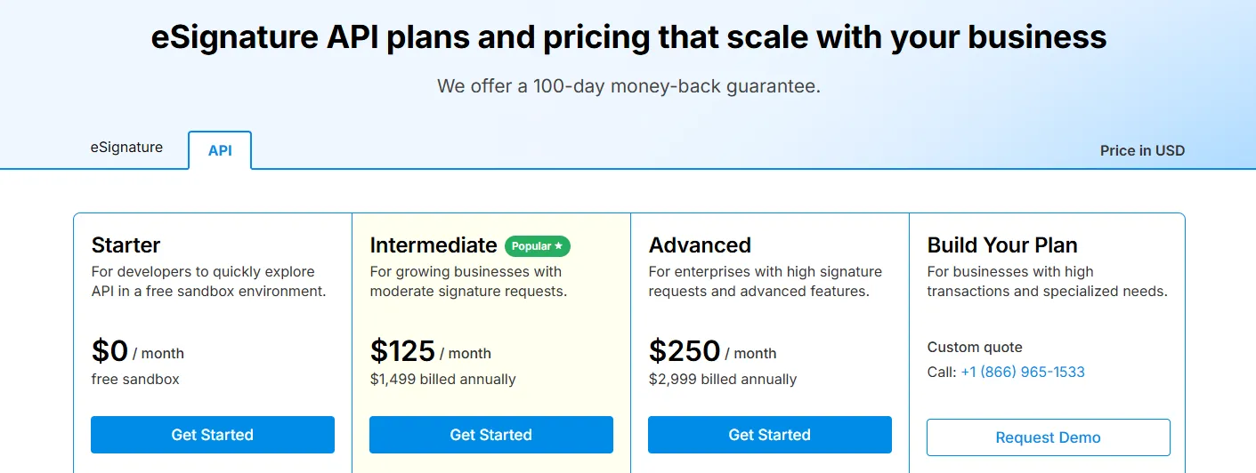 Signeasy API pricing tiers showing Build Your Plan customization options