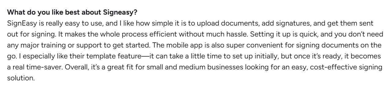 User praises Signeasy's simplicity for document signing and templates