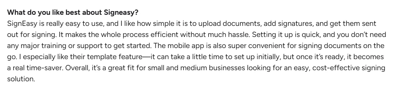 User praises Signeasy's simplicity for document signing and templates