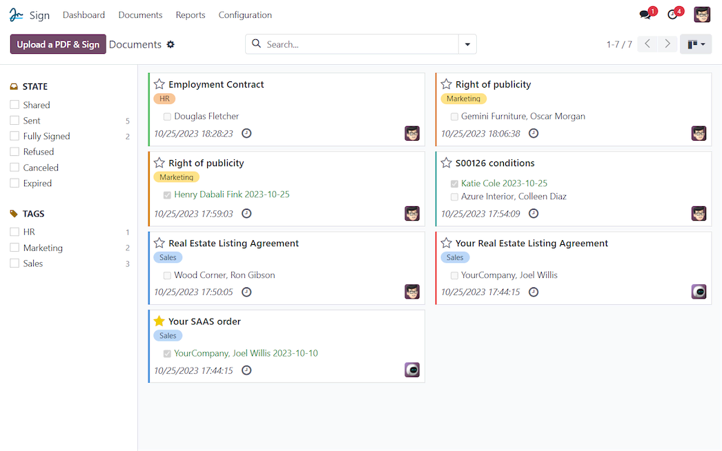Screenshot of the Odoo Sign dashboard displaying multiple categorized documents with real-time signing statuses