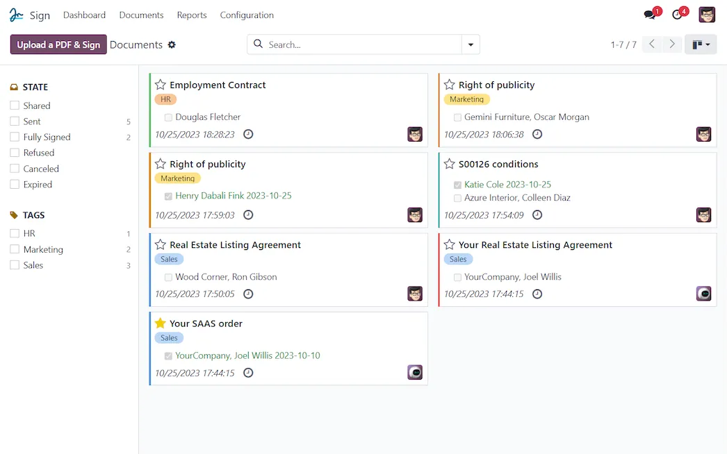 Screenshot of the Odoo Sign dashboard displaying multiple categorized documents with real-time signing statuses
