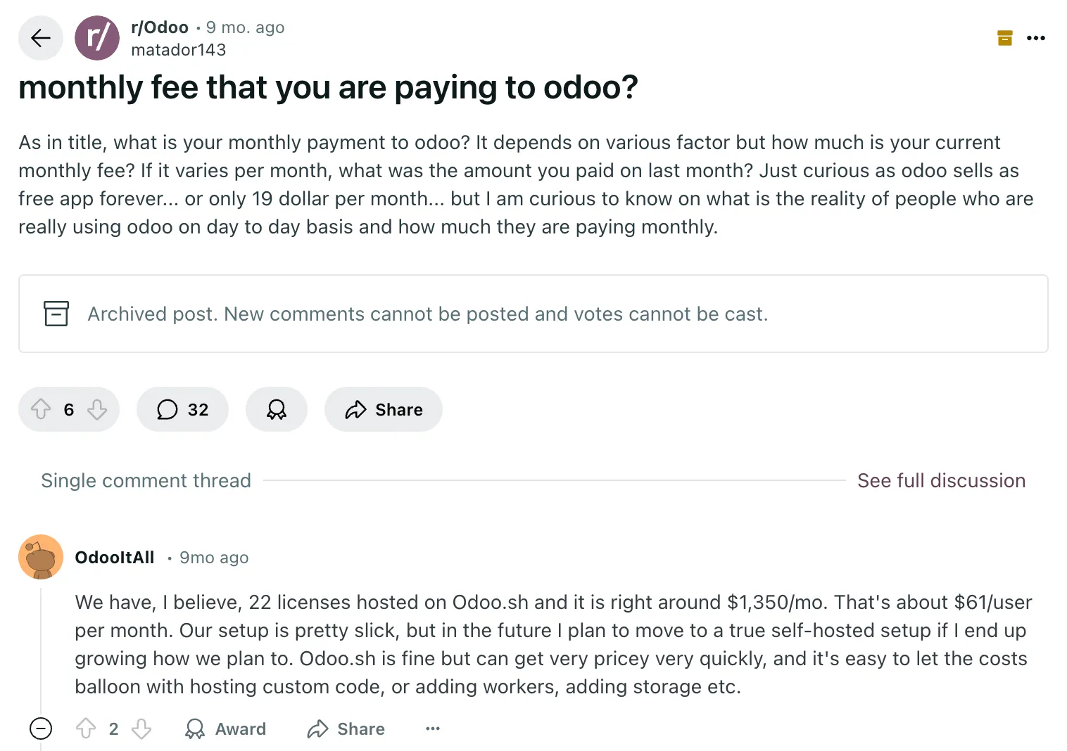 A screenshot of a Reddit user review of Odoo Sign pricing