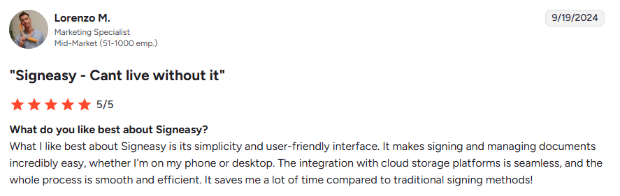 Screenshot of a marketing specialist sharing a review of Signeasy on G2