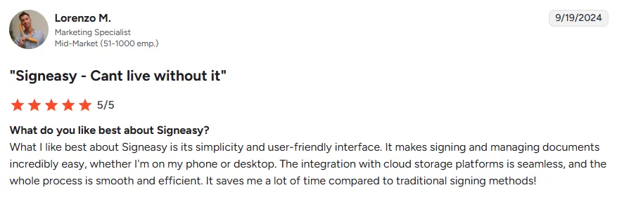 Screenshot of a marketing specialist sharing a review of Signeasy on G2