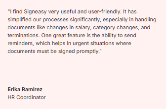 Screenshot of the HR coordinator of Albea Cosmetics sharing her experience with Signeasy 
