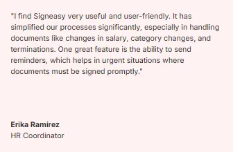 Screenshot of the HR coordinator of Albea Cosmetics sharing her experience with Signeasy 