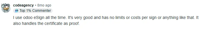 A screenshot of a Reddit user sharing ease of use for Odoo Sign 