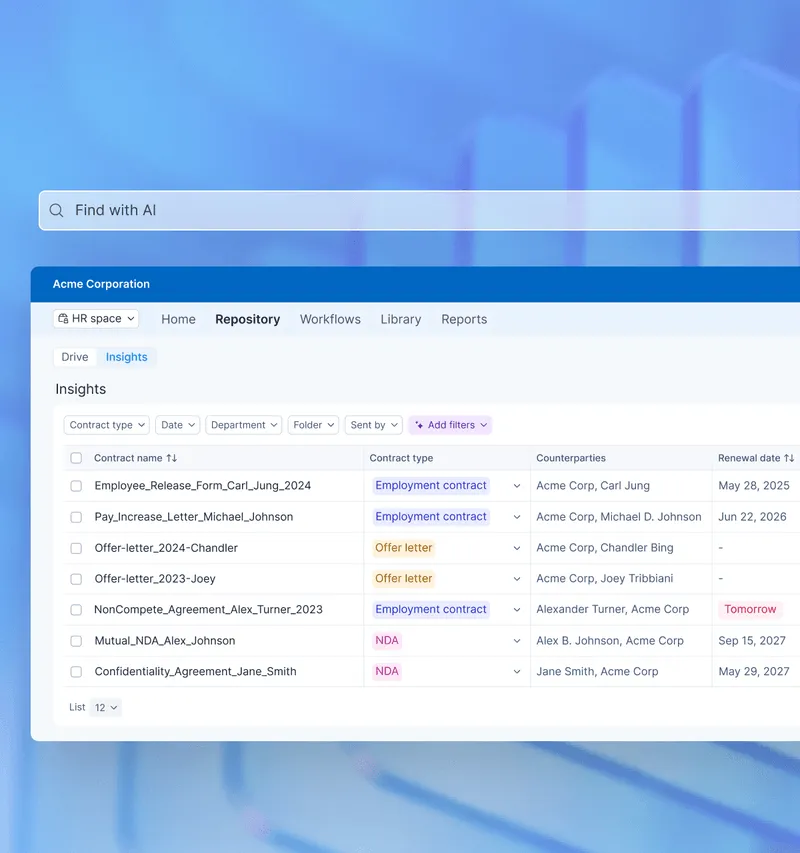 A snapshot of Signeasy’s Intelligent Contract Repository displaying categorized contracts, counterparties, and renewal dates