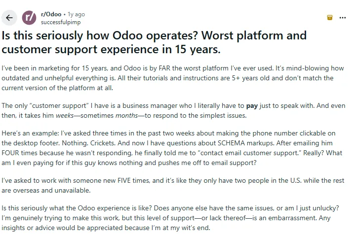A screenshot of an Odoo user review on Reddit 