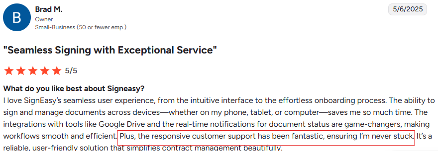 A screenshot of the G2 user review for Signeasy