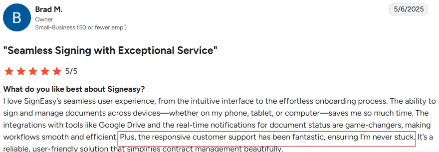 A screenshot of the G2 user review for Signeasy
