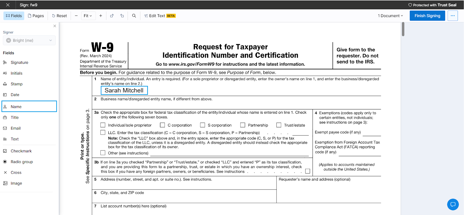 Digital view of IRS W-9 form being filled out on a computer screen