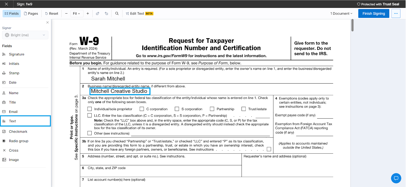 Screenshot of the W-9 form showing Line 1 and Line 2 being filled