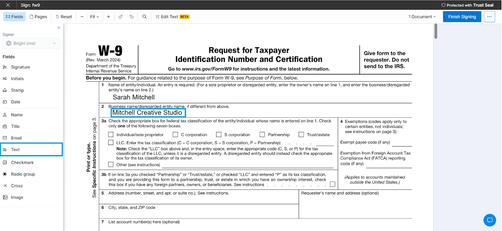 Screenshot of the W-9 form showing Line 1 and Line 2 being filled