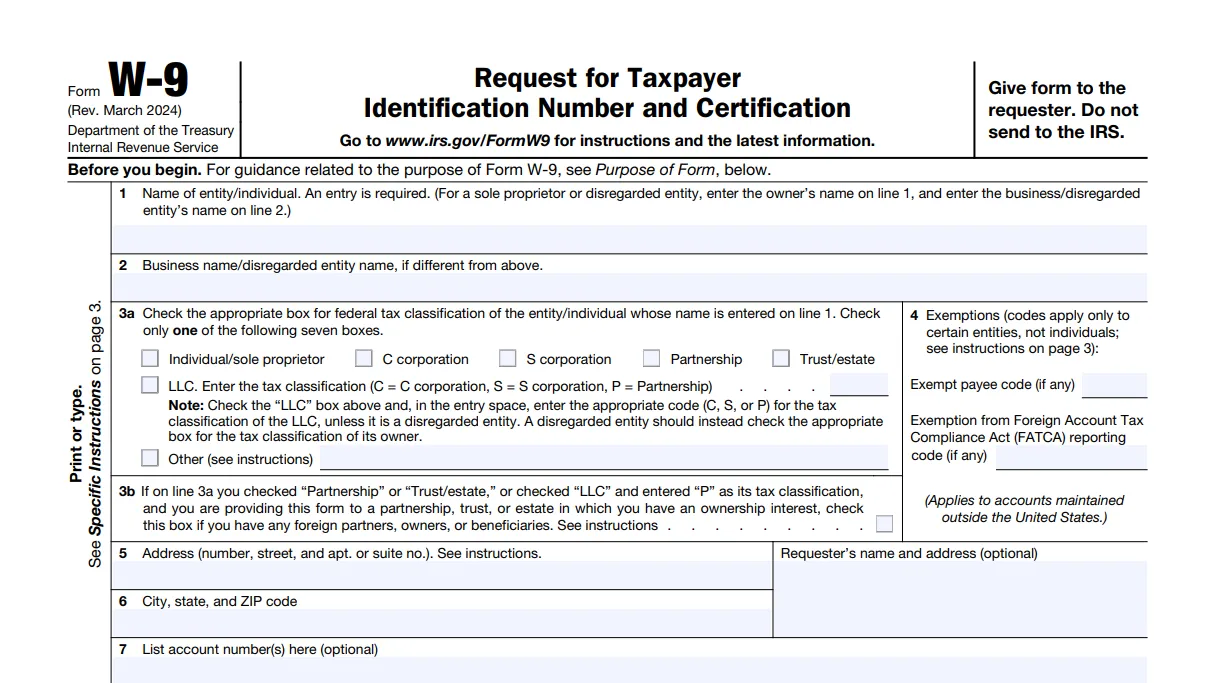 Blank IRS Form W-9 Request for Taxpayer Identification Number
