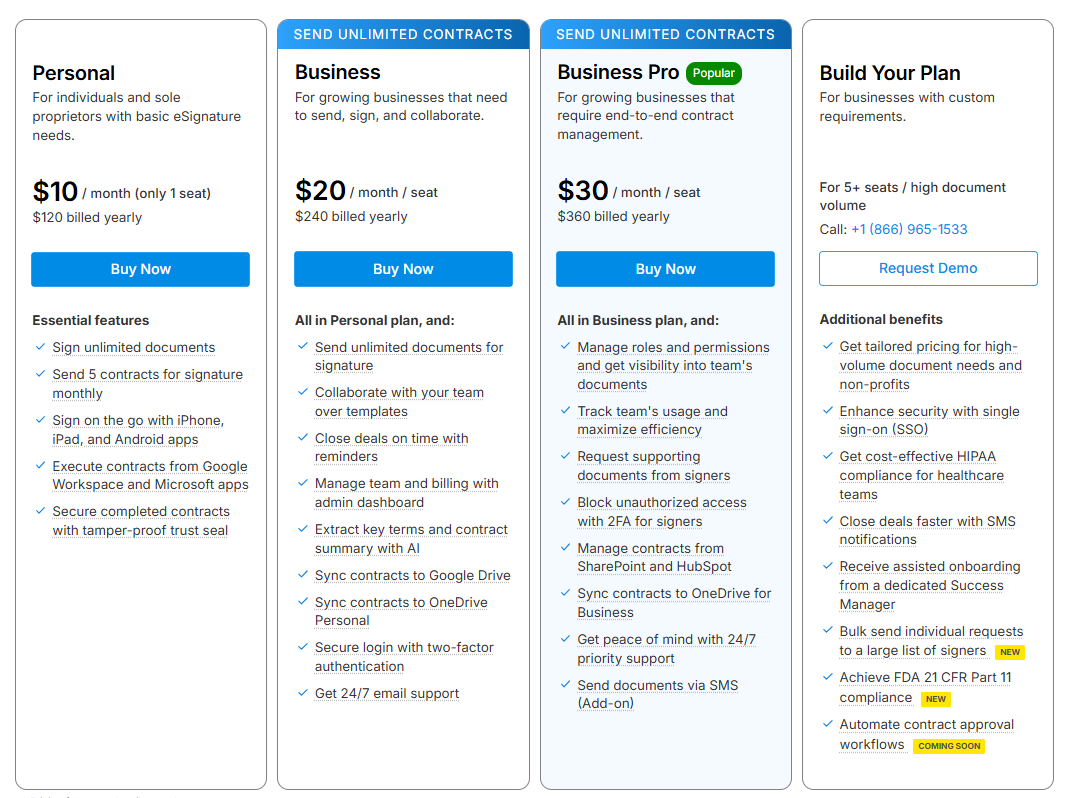 Signeasy Pricing Plans as on October 2025