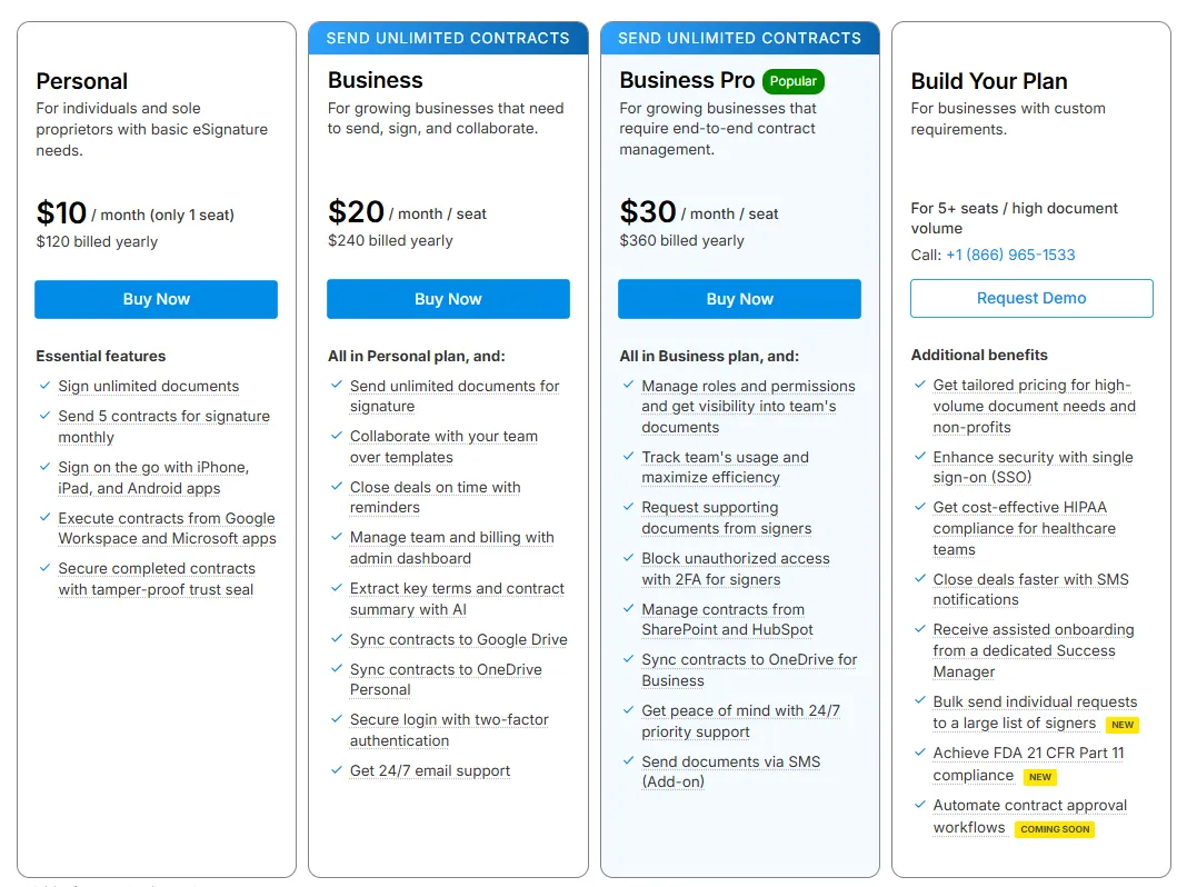 Signeasy Pricing Plans as on October 2025