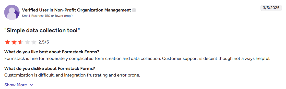 2.5-star review of Formstack on G2